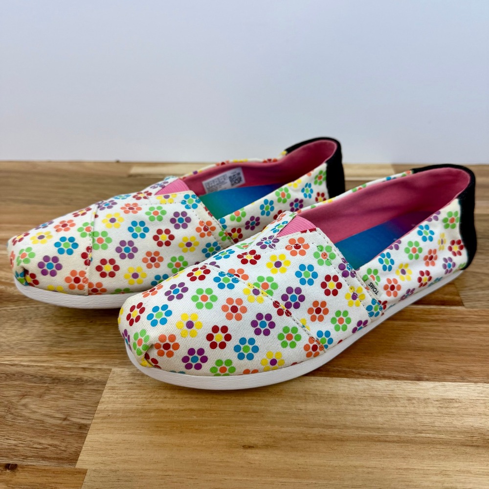 Toms X Lite-Brite Womens Alpargata Rainbow Floral White Canvas Slip On Shoes W9